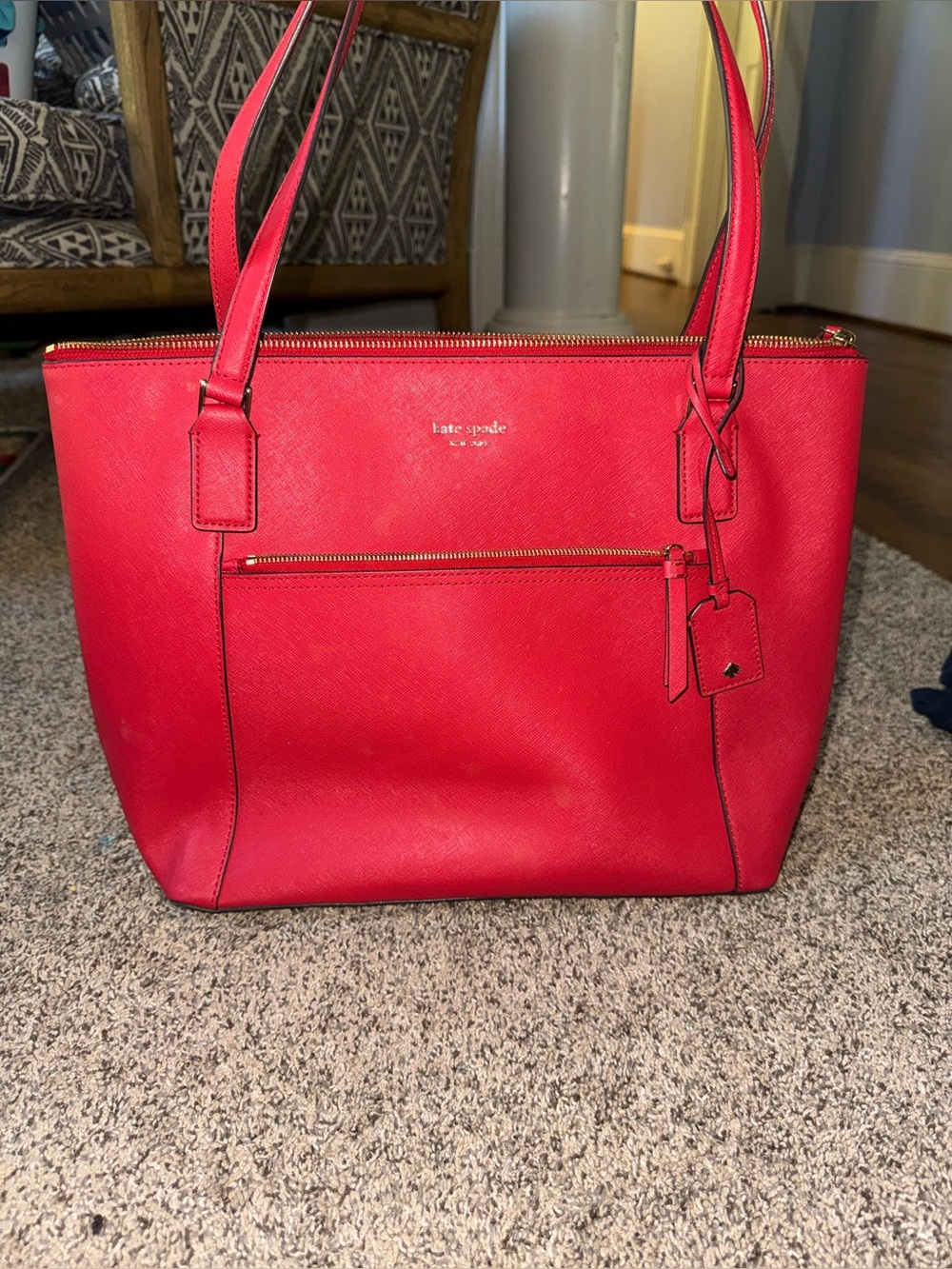kate spade Red Saffiano Leather Tote with Front Zip Pocket
